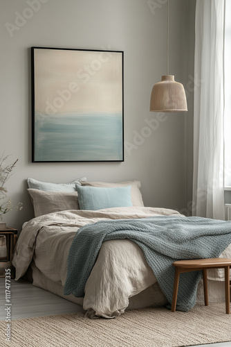A modern interior of the bedroom in a minimalist style, light beige tones, pastel turquoise accents, painting