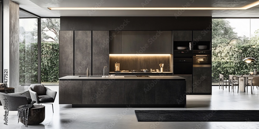 Modern and minimalist living room with a sleek black color scheme, featuring comfortable and youthful design elements, complemented by stylish black-themed interior furniture to create a cozy yet cont Modern and minimalist living room with a sleek black color scheme, featuring comfortable and youthful design elements, complemented by stylish black-themed interior furniture to create a cozy yet cont