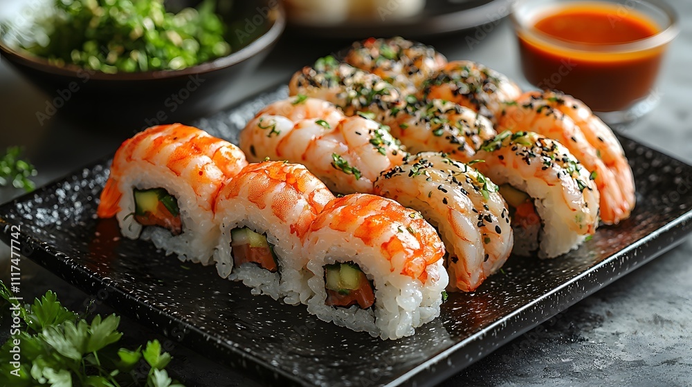 Delicious shrimp sushi platter restaurant food photography indoor close-up culinary delight Delicious shrimp sushi platter restaurant food photography indoor close-up culinary delight