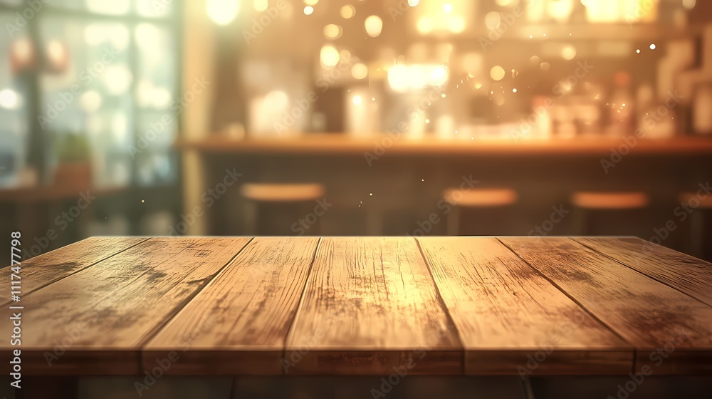 Warm and Inviting Rustic Wooden Table in a Cozy Cafe Setting with Soft Lighting and Bokeh Effect for Use in Food, Drink, or Hospitality Themes Warm and Inviting Rustic Wooden Table in a Cozy Cafe Setting with Soft Lighting and Bokeh Effect for Use in Food, Drink, or Hospitality Themes