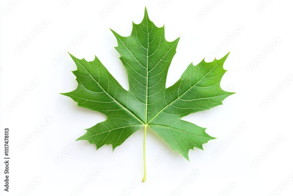 A vibrant green maple leaf displayed against a white background. A vibrant green maple leaf displayed against a white background.