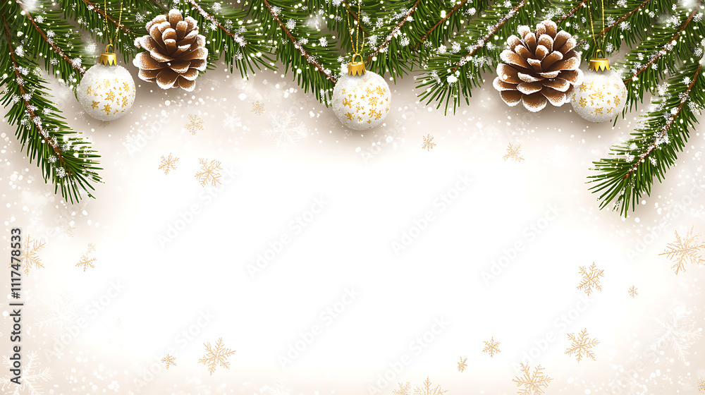 A festive holiday background featuring evergreen pine branches, golden ornaments, pine cones, and delicate snowflakes, creating a joyful winter atmosphere. A festive holiday background featuring evergreen pine branches, golden ornaments, pine cones, and delicate snowflakes, creating a joyful winter atmosphere.