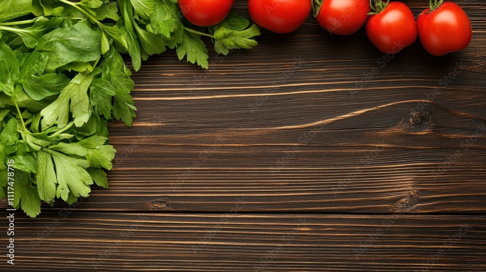 Fresh parsley and cherry tomatoes on dark wooden table.