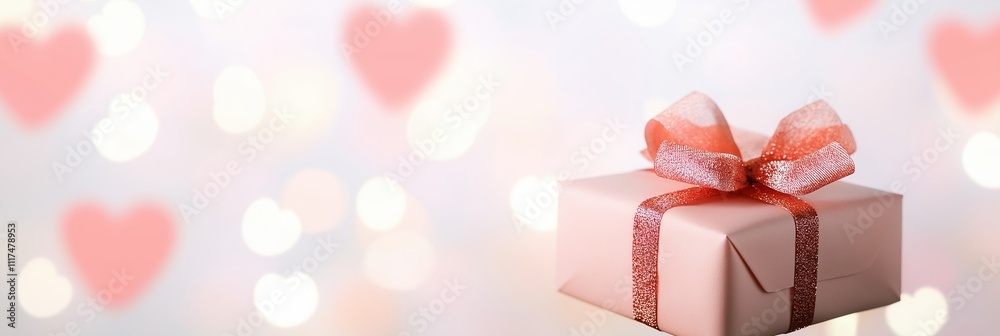 A pink gift box with a red ribbon sits on a white background with hearts. Concept of love and celebration, as the gift box is likely a present for a special occasion A pink gift box with a red ribbon sits on a white background with hearts. Concept of love and celebration, as the gift box is likely a present for a special occasion