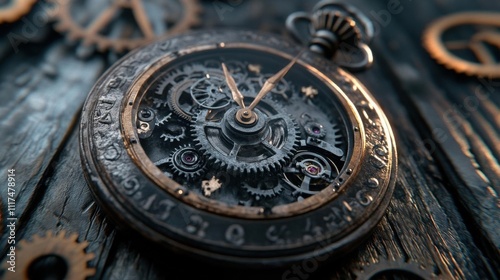 Intricate steampunk pocket watch with visible gears and mechanisms.