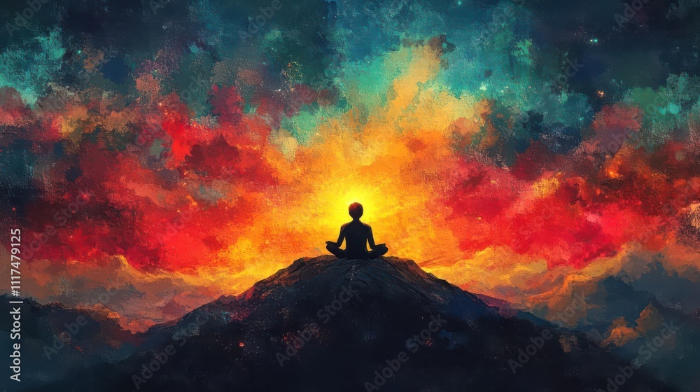 Delve into a transcendent realm with a radiant Meditation on Mountaintop, immersed in holographic energy, portraying self-awakening Watercolor, Warm hues, Mystical ambiance Delve into a transcendent realm with a radiant Meditation on Mountaintop, immersed in holographic energy, portraying self-awakening Watercolor, Warm hues, Mystical ambiance