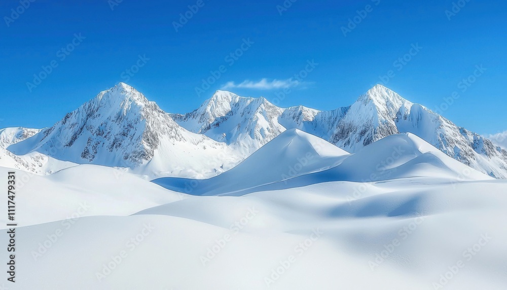 A serene winter landscape featuring snow-covered mountains under a clear blue sky. A serene winter landscape featuring snow-covered mountains under a clear blue sky.