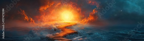 Design a fantastical staircase reaching a radiant portal, with steps embodying stages of spiritual enlightenment Fantasy, Dreamlike, Vibrant colors