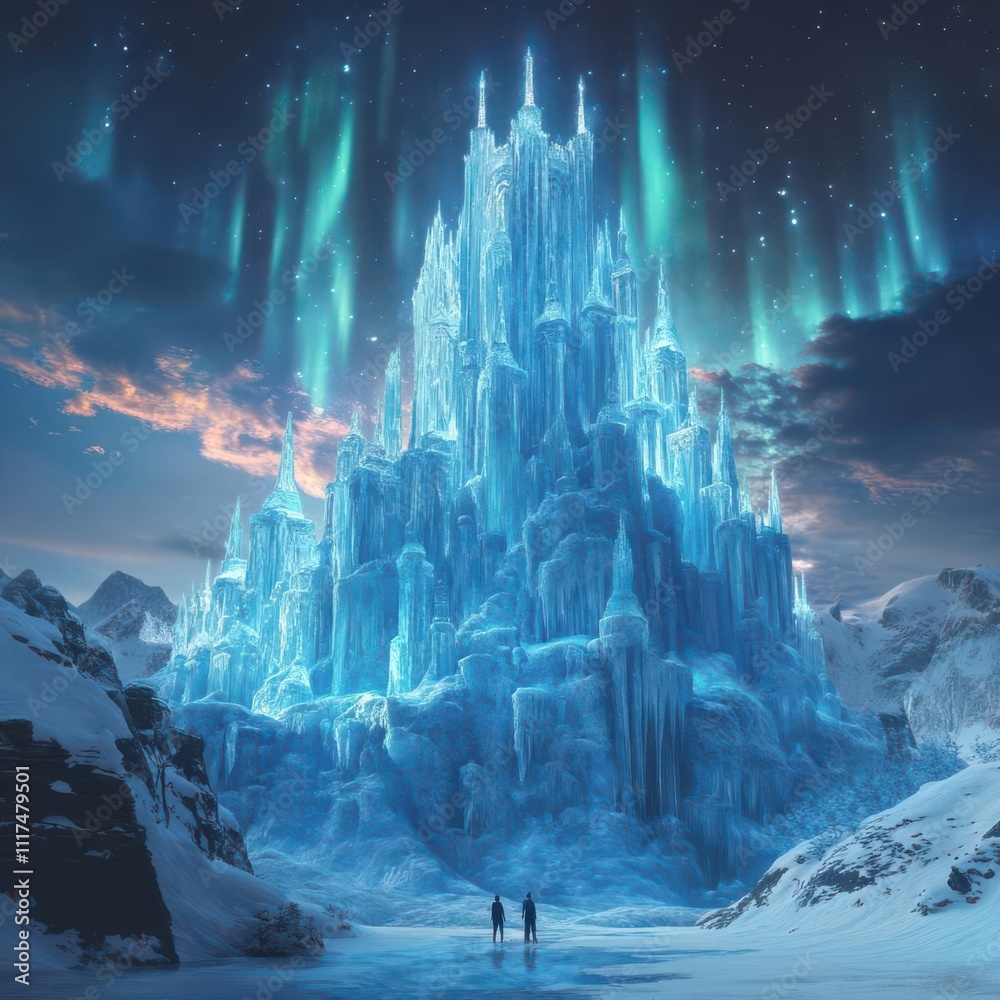 Design a magical Winter Wonderland with a towering ice palace gleaming under the Northern Lights Design a magical Winter Wonderland with a towering ice palace gleaming under the Northern Lights
