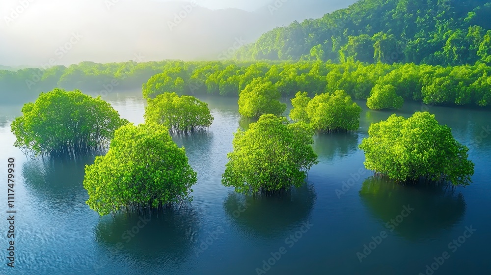 Lush Green Mangrove Forest in Calm Water Aerial View Lush Green Mangrove Forest in Calm Water Aerial View