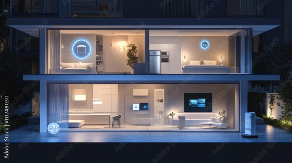 A modern IoT-integrated 3D home design showcasing automated systems for lighting, security, and entertainment A modern IoT-integrated 3D home design showcasing automated systems for lighting, security, and entertainment