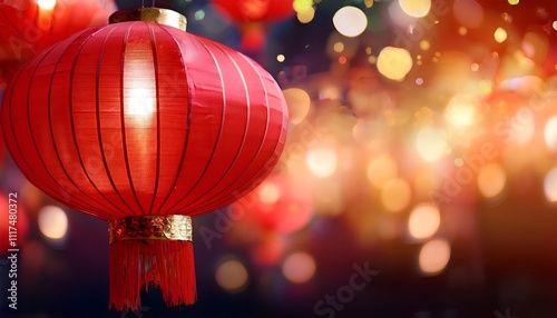 Red Chinese lantern to celebrate Chinese New Year on blurred background. Bokeh ball lights background. Chinese New Year lanterns. Chinese new year decoration with copy space for adding text.