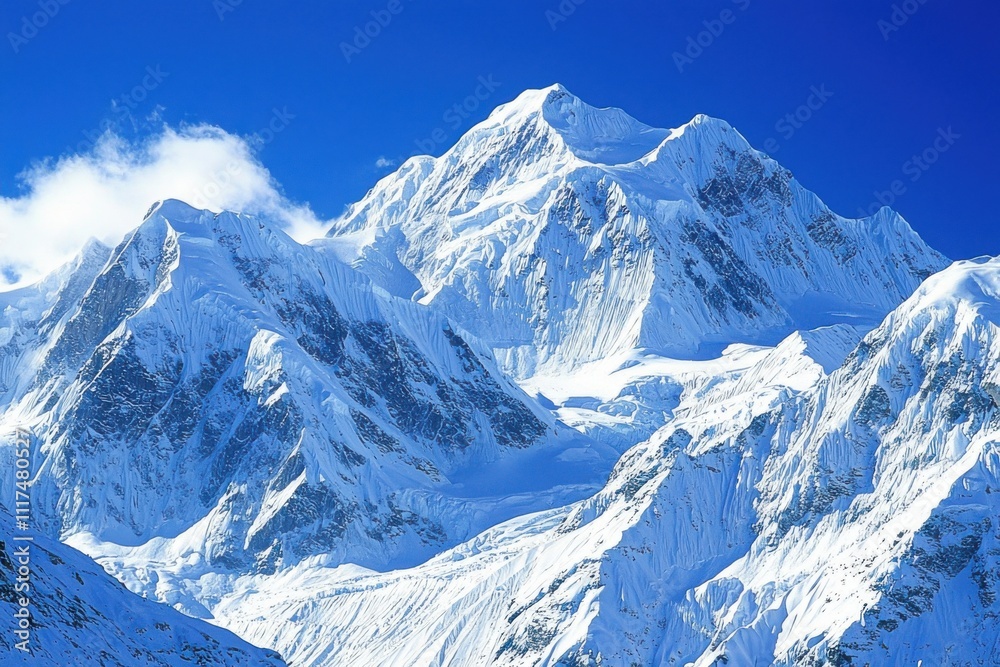 Obraz premium Majestic snow-capped mountains under a clear blue sky.