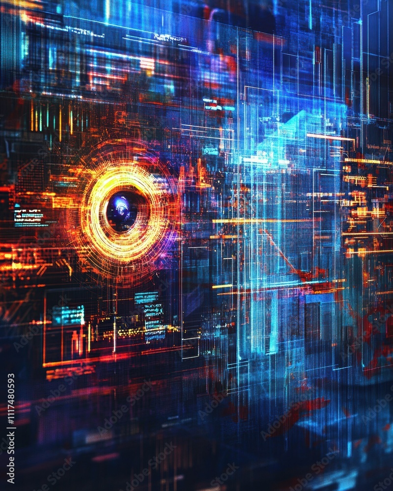 Futuristic digital landscape with glowing elements and data streams. Futuristic digital landscape with glowing elements and data streams.