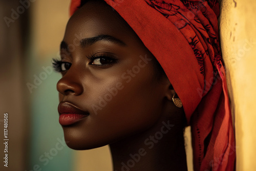 Young black woman with red headwrap and mackup. African american gitl in traditional turban or scarf. Photo