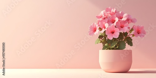 A simple 3D icon of a pink geranium with bold, smooth shapes, standing out against a light-colored background