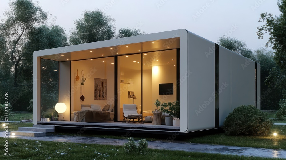 Fototapeta premium A modern small house design in 3D with open spaces, bright lighting, and minimalist furniture