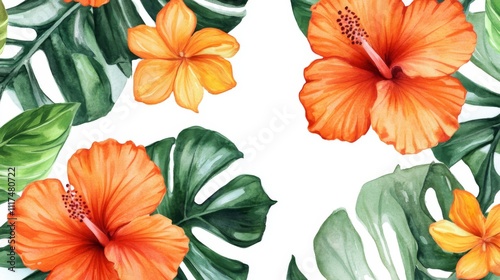 Watercolor Tropical Floral Design with Vibrant Orange and Yellow Flowers and Lush Green Leaves