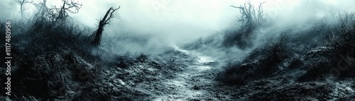 A misty, eerie landscape featuring a desolate path lined with dark, twisted trees and a gloomy atmosphere.