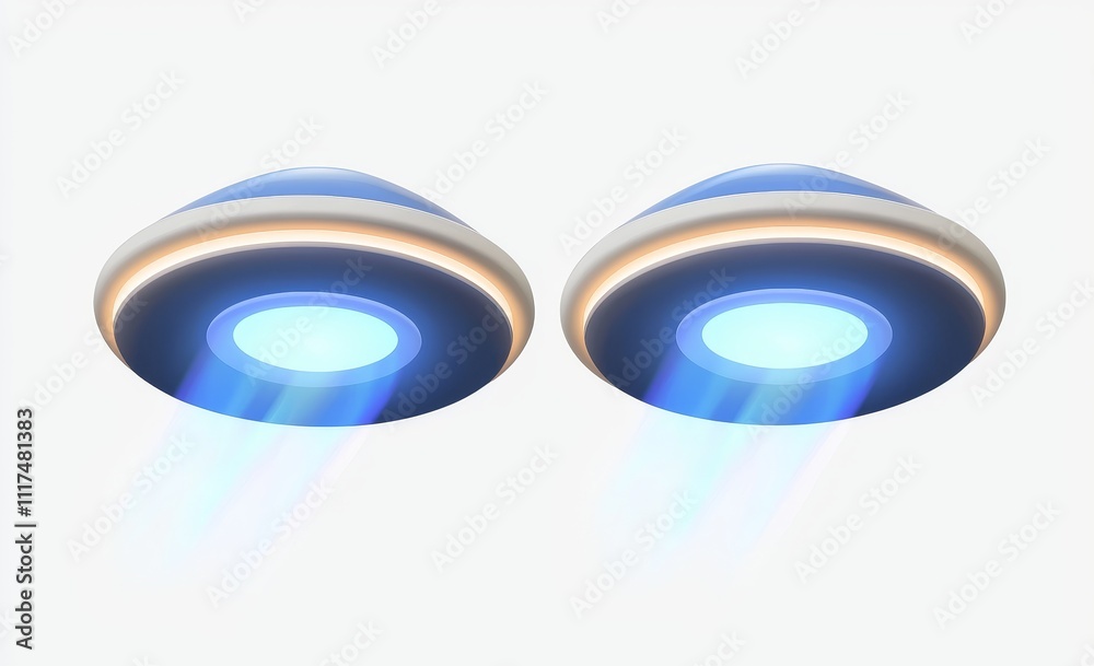 A realistic modern illustration of 3D UFOs, futuristic alien spacecraft emitting blue and purple light beams with sparkles. Saucers featuring bright illumination and rays intended for human A realistic modern illustration of 3D UFOs, futuristic alien spacecraft emitting blue and purple light beams with sparkles. Saucers featuring bright illumination and rays intended for human