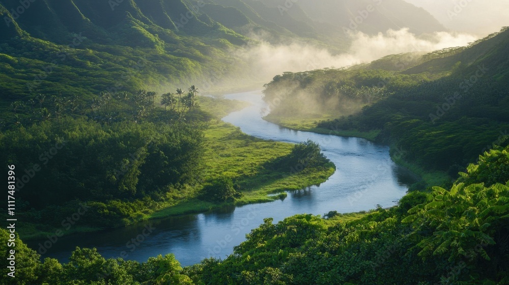 Serene river winding through lush green landscape with misty mountains. Serene river winding through lush green landscape with misty mountains.