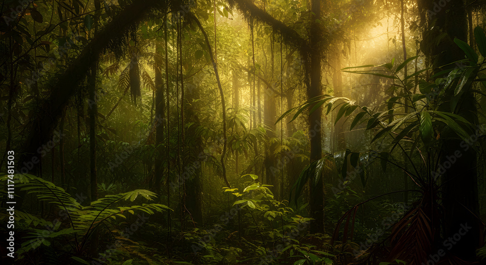 Naklejka premium Rainforest Canopy Background with Sunlight Rays