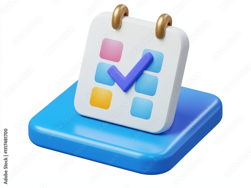 An icon of a calendar with a checklist and date schedule, representing work agenda, business organizer, and project time management. The daily planner is illustrated in 3D with check boxes and ticks. An icon of a calendar with a checklist and date schedule, representing work agenda, business organizer, and project time management. The daily planner is illustrated in 3D with check boxes and ticks.