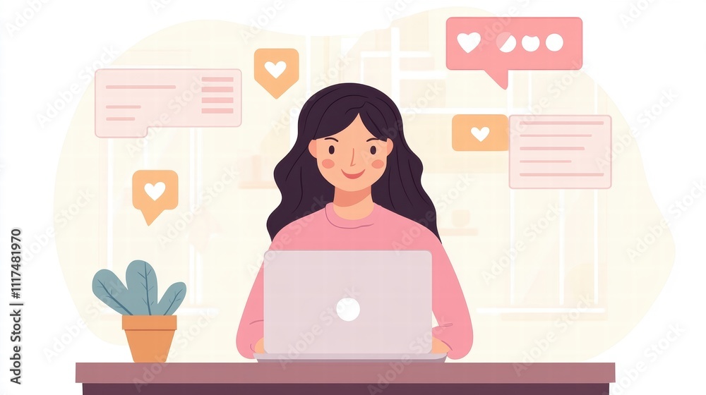 Woman Working on Laptop Receiving Social Media Notifications Woman Working on Laptop Receiving Social Media Notifications