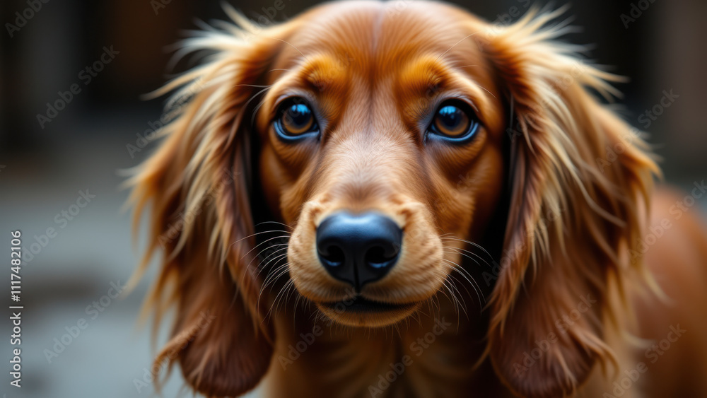 A close-up shot of a long-haired dachshund with sad puppy eyes looking directly into the camera. A close-up shot of a long-haired dachshund with sad puppy eyes looking directly into the camera.