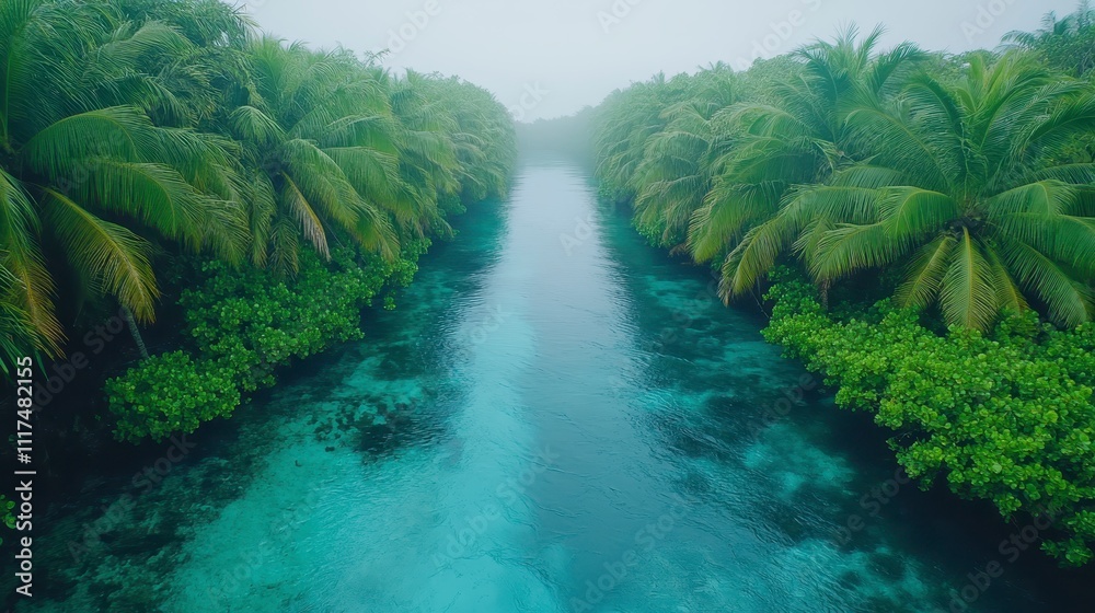 Fototapeta premium Serene Tropical River Lush Green Palms Misty Morning Aerial View