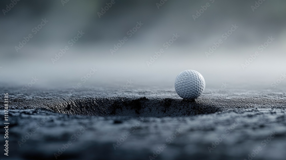 A golf ball gently touching the rim of the hole, with morning mist fading into the background A golf ball gently touching the rim of the hole, with morning mist fading into the background