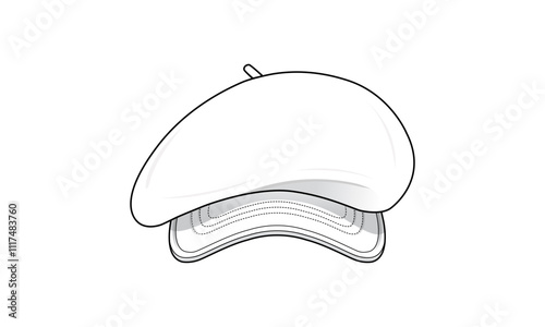 Beret Cap technical fashion illustration. beret cap vector template illustration. Front view. curved brim. unisex. white color. CAD mockup.