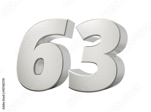 Silver 3d numbers 63 Sixty three. Isolated white background 3d illustration 