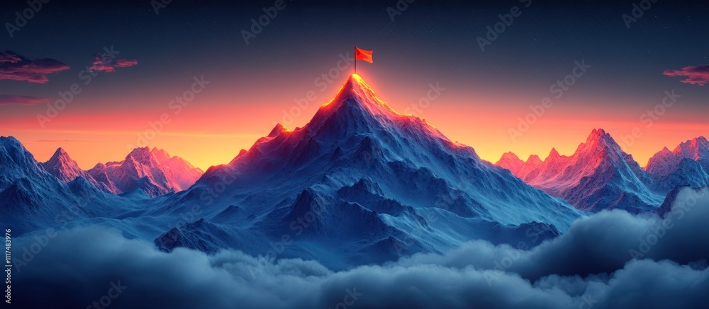 Majestic mountain peak with flag at sunset, above clouds.