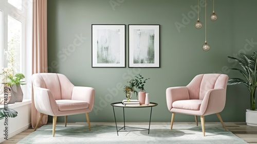 Modern living room setup with blush pink chairs, sage green accent wall, and chic minimalist design