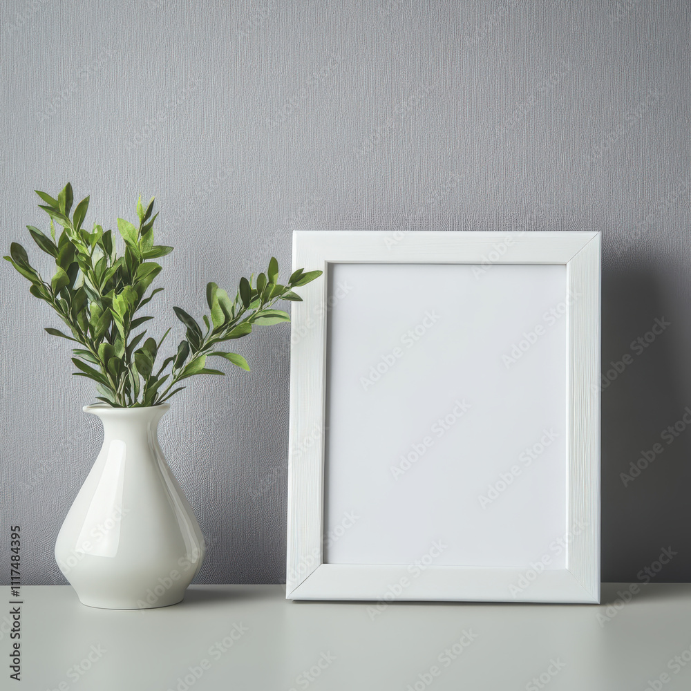 Minimalist Home Decor with White Vase and Empty Picture Frame Against Gray Wall for Stylish Interior Design Inspiration