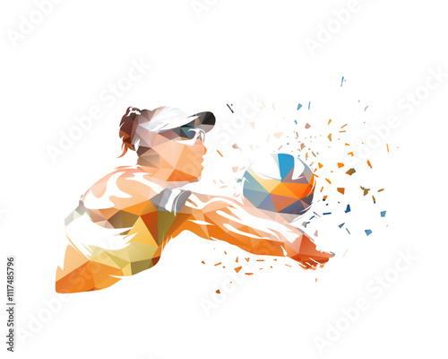 Beach volleyball woman, isolated low poly vector illustration. Summer sport female athlete