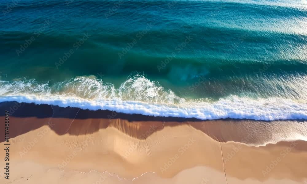 Birch sea and sandy shore. Aerial view of a transparent sea splashing on a sandy beach. Ocean waves from a bird's eye view.