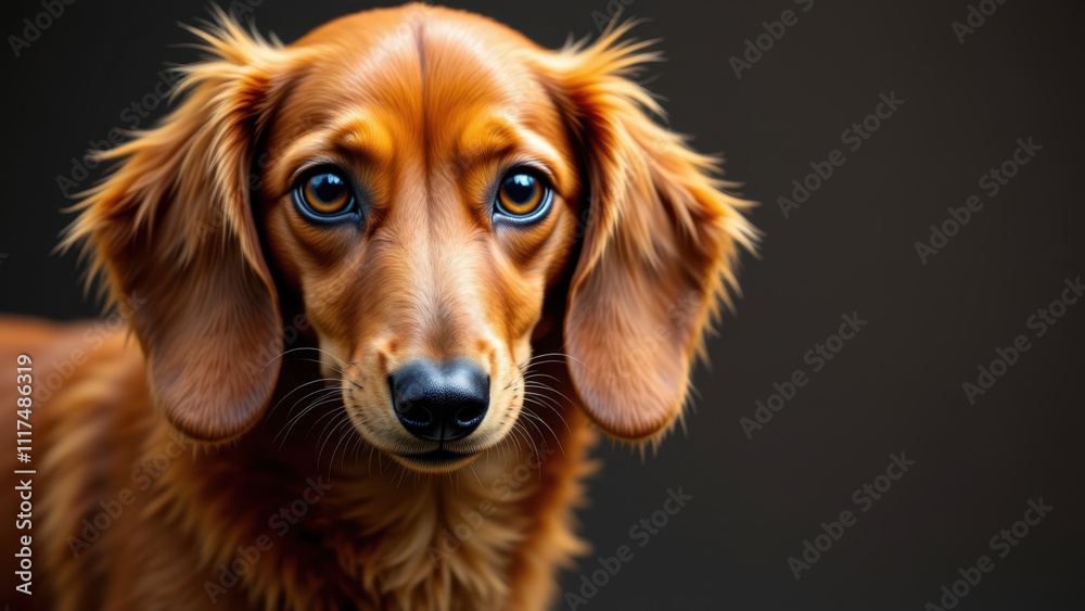 Close-up portrait of a long-haired dachshund with soft brown fur, expressive eyes, and drooping ears. Close-up portrait of a long-haired dachshund with soft brown fur, expressive eyes, and drooping ears.