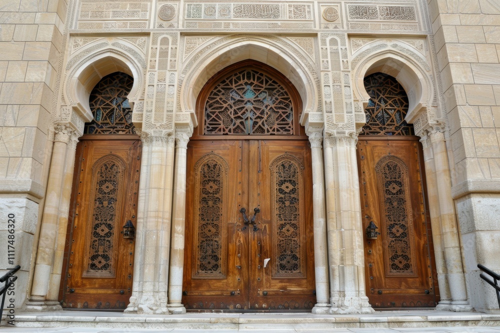 Fototapeta premium Ornate wooden doors with intricate designs on a stone building facade.