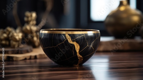Elegant Black Bowl with Golden Cracks