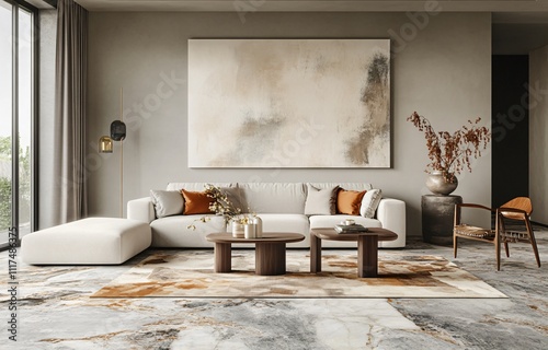 Modern interior design featuring warm color tones, creating a cozy and inviting atmosphere, perfect for residential or commercial spaces, combining comfort and contemporary style.