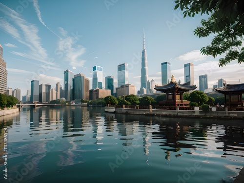 Scenic city skyline with a riverfront, modern skyscrapers, and traditional Asian pavilions in harmony. photo