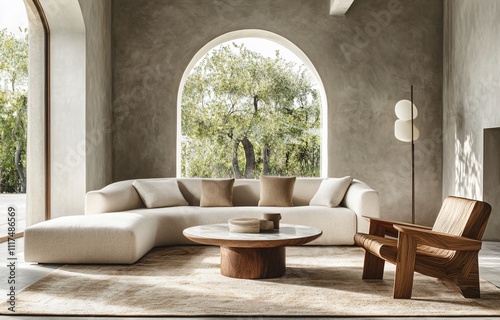 Modern interior design featuring warm color tones, creating a cozy and inviting atmosphere, perfect for residential or commercial spaces, combining comfort and contemporary style.