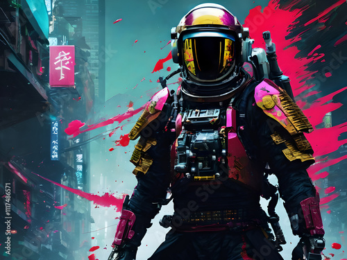 Futuristic cyberpunk astronaut in a neon-lit urban setting with vibrant splashes of color. photo