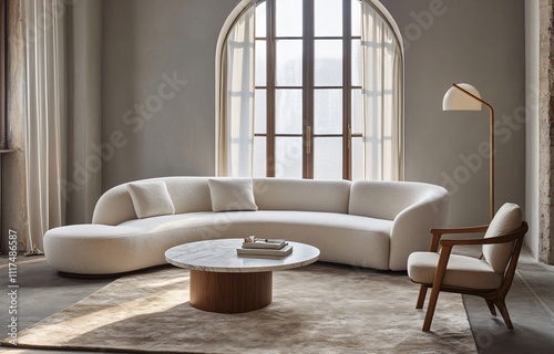 Modern interior design featuring warm color tones, creating a cozy and inviting atmosphere, perfect for residential or commercial spaces, combining comfort and contemporary style.