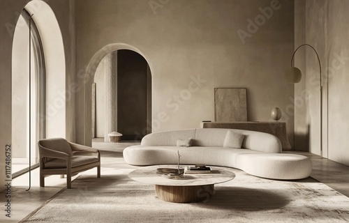 Modern interior design featuring warm color tones, creating a cozy and inviting atmosphere, perfect for residential or commercial spaces, combining comfort and contemporary style.