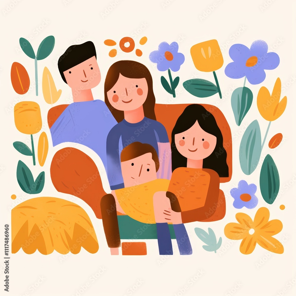Cheerful family portrait with floral background Cheerful family portrait with floral background
