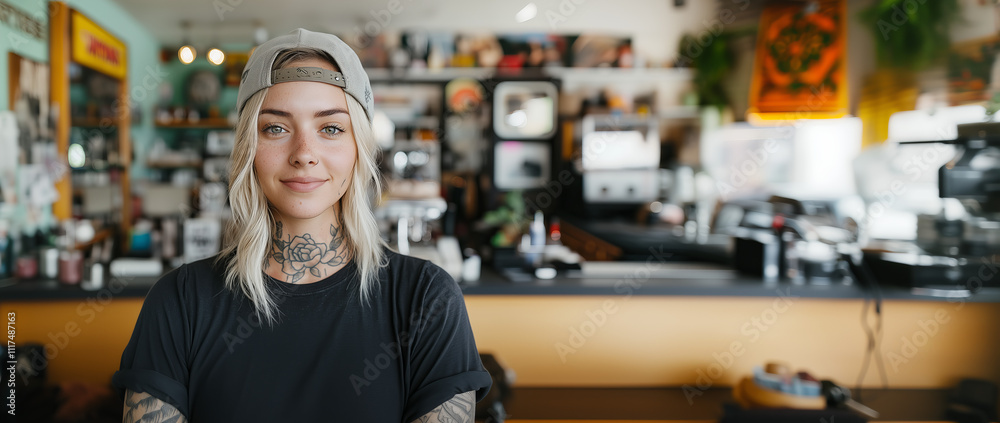 Portrait of a confident tattoo artist in a vibrant studio, showcasing creativity and passion for body art during a bustling day Portrait of a confident tattoo artist in a vibrant studio, showcasing creativity and passion for body art during a bustling day