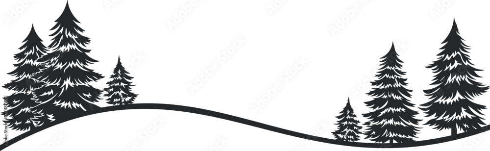 Obraz premium landscape with trees and fir trees on a black wavy line without background